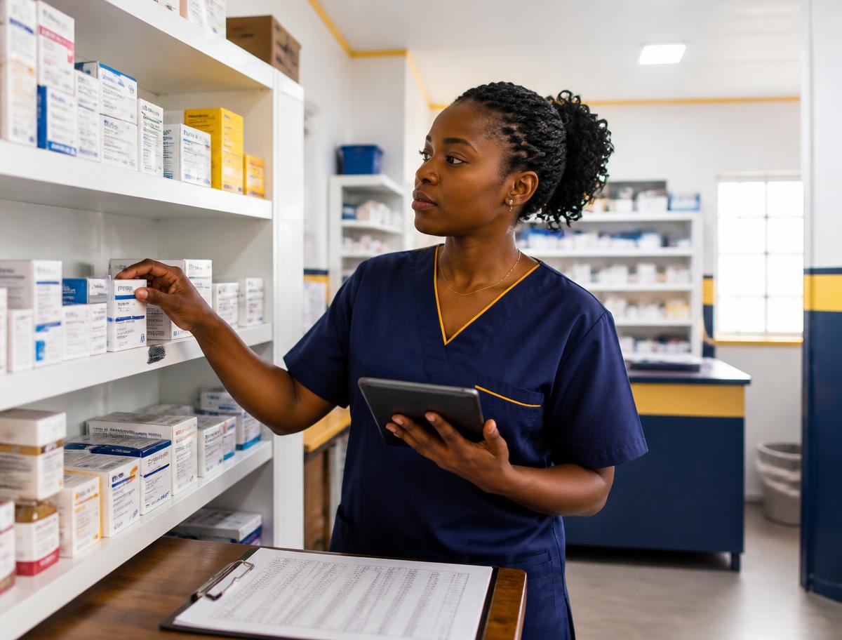 Infirmière vérifiant le stock de médicaments avec une tablette
