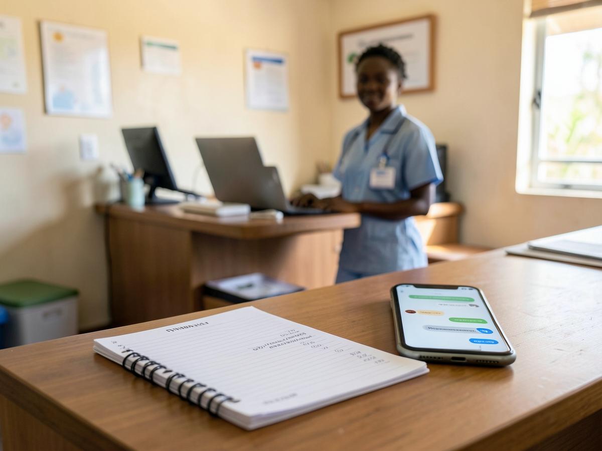 Cahier de rendez-vous manuscrit et téléphone à l'accueil d'un centre médical